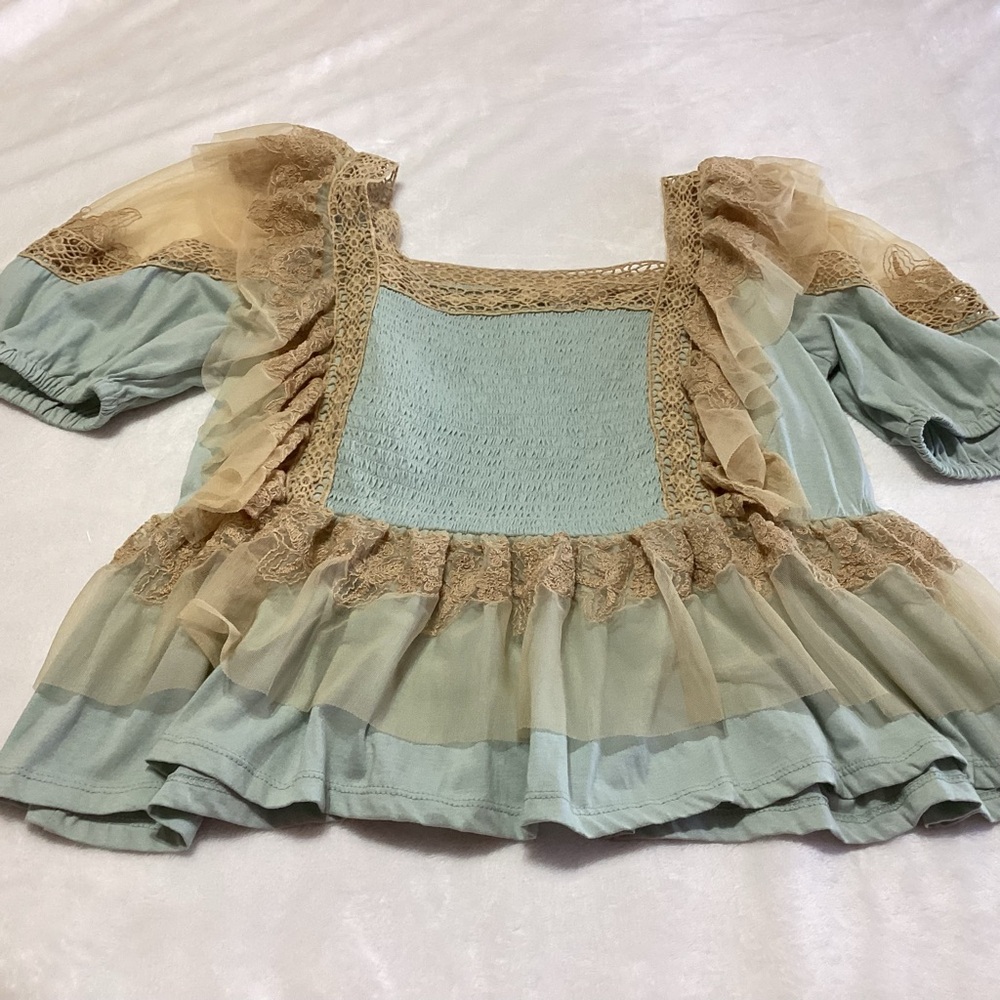 NEW Anthropologie Forever That Girl Blue Tan Smocked Crochet Lace Blouse S Boho - Picture 5 of 13